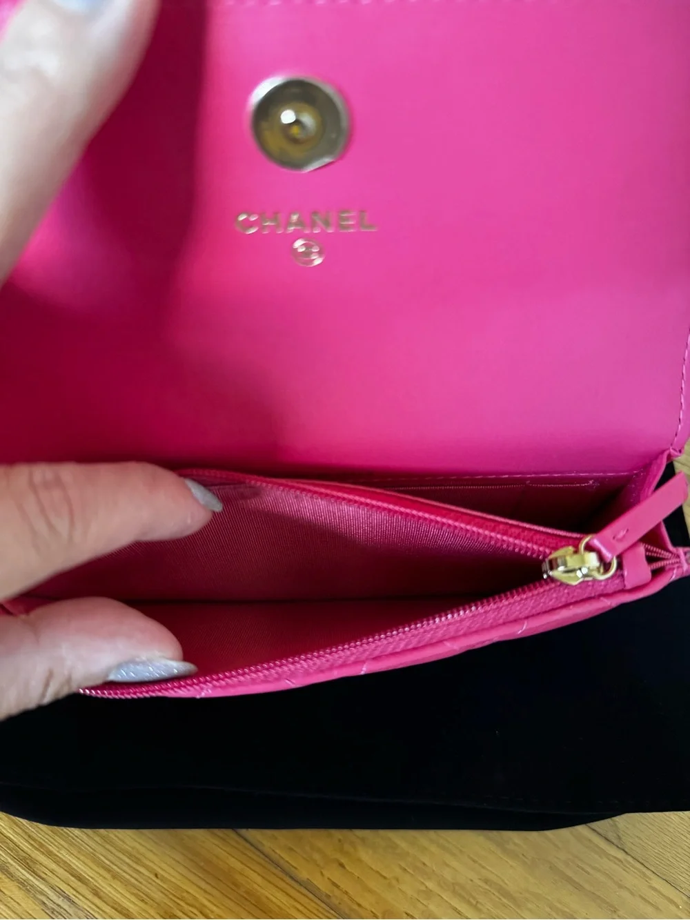 CHANEL Hot Pink Quilted Mini Wallet with Pearl Chain